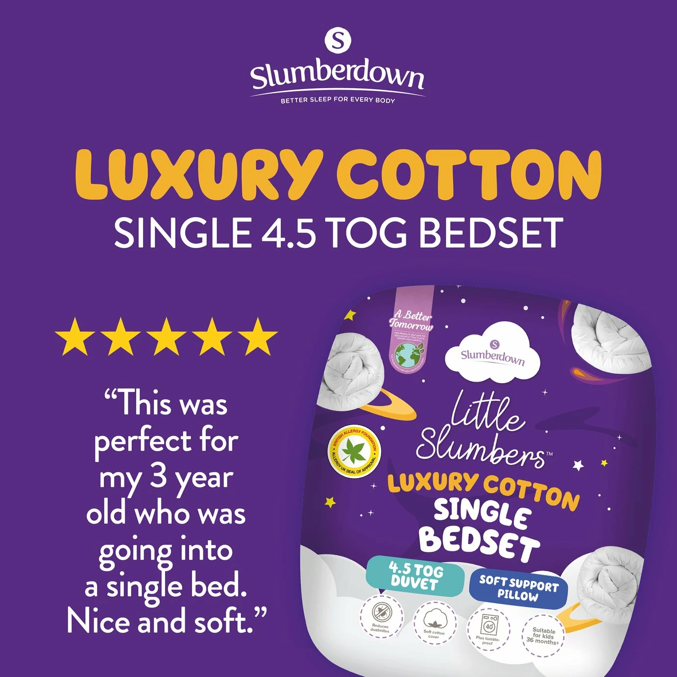 Slumberdown Luxury Cotton 4.5Tog Kids Duvet & Pillow –Single 2 Slumberdown Luxury Cotton 4.5Tog Kids Duvet & Pillow –Single - Image 2